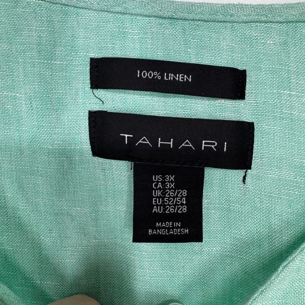 Tahari Womens 3X Mint Green 100% Linen Button Down Roll Tab Sleeve Blouse Top - Picture 3 of 7